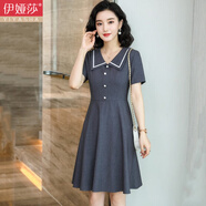 伊婭莎短袖職業(yè)裝連衣裙女夏時尚翻領(lǐng)氣質(zhì)顯瘦工作服幼兒園教師園服裙子 2096灰色連衣裙 L 建議100-110斤