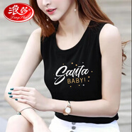 浪莎（LangSha）輕奢高檔品牌純棉吊帶背心女寬松大碼圓領(lǐng)無袖印花T恤女背帶背心 黑色-BABYB白(純棉) 2XL 建議130-145斤