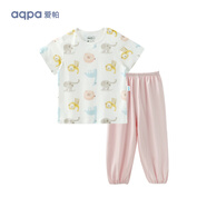 aqpa【135g新疆棉】嬰兒內(nèi)衣套裝夏季純棉男女寶寶衣服薄款分體短袖 色塊動物 100