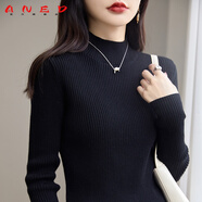 ANED柔軟親膚~100%純棉半高領(lǐng)毛衣秋冬女加厚內(nèi)搭修身顯瘦針織打底衫 黑色 XL 175