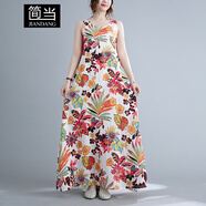 簡(jiǎn)當(dāng)大碼女裝夏季胖MM復(fù)古文藝寬松印花無(wú)袖慵懶風(fēng)連衣裙背心裙9608 紅色花 M 【100-120斤】