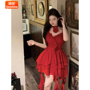 婍妡（Qeeshine）法式復(fù)古紅色吊帶連衣裙女夏季新款甜辣妹收腰不規(guī)則裙子 吊帶裙 M 【建議90-斤】
