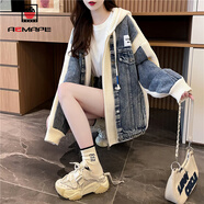 AEMAPE寬松牛仔布拼接毛衣開(kāi)衫女2025春秋冬季新款連帽加厚外套女 白色 S