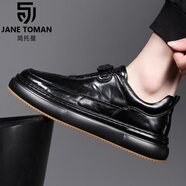 簡托曼（Jane ToMan）2025春夏季新款皮鞋男士套腳一腳蹬潮流百搭透氣休閑運(yùn)動板鞋男 黑色 39