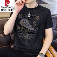 皮爾卡丹（pierre cardin）冰絲燙鉆短袖T恤男夏季透氣薄款半袖體恤青年夏裝上衣男 T898黑色 L 【適合110-128斤】