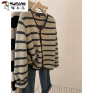 啄木鳥（TUCANO）杭州法式設(shè)計感復(fù)古條紋毛衣外套女春秋慵懶風(fēng)牛角扣v領(lǐng)針織開衫 灰色版 均碼 80-140斤可穿