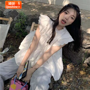 婍妡2025新款拼接荷葉邊白色襯衫女夏季褶皺設(shè)計(jì)感飛飛袖襯衣寬松上衣 白色 S