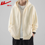 回力開衫衛(wèi)衣男春秋季新款簡約外套男純色連帽上衣服 杏色 XL （建議體重150-170斤）