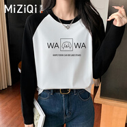 米子旗純棉長袖t恤女打底衫春秋季2025新款寬松學(xué)生百搭上衣 春秋黑字8931胸前大 黑白色 XL 120-130斤