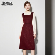 海青藍簡(jiǎn)約時(shí)尚紅色連衣裙女2025春季新款優(yōu)雅撞色拼接假兩件中長(cháng)裙 紅色 M