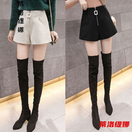 短褲女高腰新款外穿a字寬松秋冬休閑闊腿女士短褲單兩件裝毛呢高腰短褲女秋冬新款顯瘦百搭褲子冬季外穿靴褲 杏色+黑色【兩件裝】 3XL 145-160斤