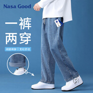 NASA GOOD牛仔褲男四季舒適寬松直筒男褲港風休閑長褲子男 中深藍 L