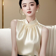 溫萊蔓莎西裝內搭女高級感無(wú)袖打底衫女半高領(lǐng)高端小香風(fēng)緞面背心顯瘦襯衫 杏色【衣帶珍珠】 XL