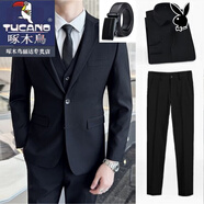 啄木鳥（TUCANO）24西服套裝男士韓版修身外套新郎結(jié)婚禮服職業(yè)面試正裝小西裝 (加皮帶)黑西裝+黑西褲+黑襯衣衣 3XL (170-190斤)