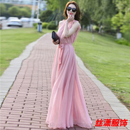 絲瀟超長(cháng)裙到腳踝超仙女白色連衣裙子夏季三亞海邊度假沙灘裙波西米亞 粉紅色 裙長(cháng)130建議身高160左右