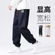 MR-90官方潮牌休閑褲男女同款格子休閑長(cháng)褲束腳小腳秋冬加絨保暖褲子 51018藍色 XL（建議140-155斤）