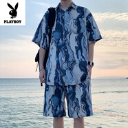 花花公子沙灘穿搭套裝男士夏季海邊情侶裝女士三亞風(fēng)大碼休閑男生短袖襯衫 TZ080藍(lán)色套裝 M 80-100斤