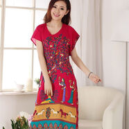 曼利鳥(niǎo)2025新款夏季度假波西米亞風(fēng)連衣裙民族風(fēng)寬松女士中年媽媽中長(cháng)裙 玫紅抽繩樹(shù)葉款 均碼 95到175斤