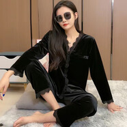 伊森尼尼金絲絨睡衣女秋冬季長(cháng)袖家居服套裝甜美法式2025新款v領(lǐng)保暖衣 黑色 L 建議100-110斤