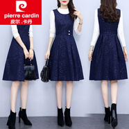 皮爾卡丹（pierre cardin）小香風(fēng)毛呢亮片背心裙秋冬內(nèi)搭針織打底連衣裙套裝裙外穿背帶裙女 深藍(lán)色 單件背心裙 S (建議90斤以內(nèi))