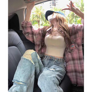皓娥襯衫女設計感小眾復古港味格子襯衣外套春季美式格子寬松襯衫外套 格紋襯衫【粉色M】