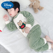 迪士尼兒童珊瑚絨睡衣秋冬季男童加厚寶寶冬款小孩法蘭絨家居服保暖套裝 綠色 小熊 80 cm 建議0-1歲身高73-80