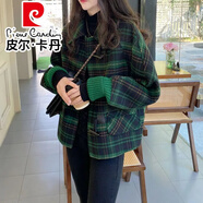 皮爾卡丹（pierre cardin）春秋新款仿毛呢外套短款女蝙蝠袖牛角扣大衣韓版寬松顯瘦洋氣 墨綠色 L 建議126-150斤