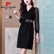 皮爾卡丹法式黑色洋裝女春秋季長袖2025新款小個(gè)子修身顯瘦媽a媽氣質(zhì)裙子 黑色 2XL