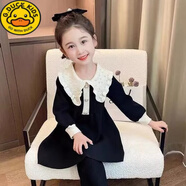 G.duck女童連衣裙寶寶時(shí)髦裙小童洋氣公主裙兒童小香風(fēng)毛衣裙春秋裝 黑色珍珠領(lǐng)連衣裙 140