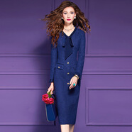 菲夢(mèng)伊蝴蝶結系帶毛呢連衣裙女冬季復古高端名媛優(yōu)雅氣質(zhì)包臀裙子 深海藍 M