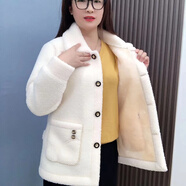彌多紅加絨特厚羊羔絨外套中裝雙面短外套女冬天保暖 米白色 3XL 120-135斤