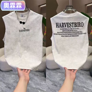 奧霂霖夏季新款百搭無袖潮牌體恤休閑無袖T恤帥氣百搭青年ins美式上衣潮 米白色 XXS