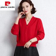 皮爾卡丹（pierre cardin）羊|毛針織開衫女春秋裝中年媽i媽外搭上衣長袖修身蝙蝠袖毛衣小外 大紅色 S