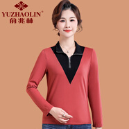 俞兆林（YUZHAOLIN）媽媽春秋針織衫長(zhǎng)袖拉鏈款翻領(lǐng)T恤上衣中老年女裝時(shí)尚洋氣打底衫 鐵銹紅 XL (參考90-105斤)