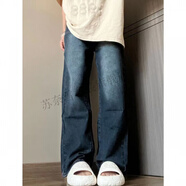 LIN-HUA BU女童闊腿牛仔褲春秋款初高中學(xué)生復古藍色拖地褲中大童女裝長(cháng)褲子 復古藍牛仔褲 160 (建議身高145-155cm左右)