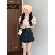唐菓蜜連衣裙女夏季2024新款女裝韓系甜辣風(fēng)泡泡袖小個(gè)子高腰顯瘦套裝裙 碎花上衣 M