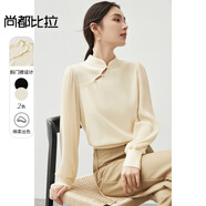 尚都比拉秋季國(guó)風(fēng)新中式微透壓褶泡泡袖針織衫女上衣