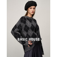 BASIC HOUSE/百家好格子毛衣女秋冬新款撞色圓領慵懶風毛衫上衣 煙灰色 S