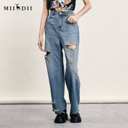 謎底破洞牛仔褲女夏新品復古BF風(fēng)親膚透氣直筒褲242MK0614 中藍 2XL