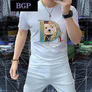 BGP港風(fēng)潮牌2025夏季新款男士短袖圓領(lǐng)T恤燙鉆小熊卡通修身時(shí)尚百搭 白色 M