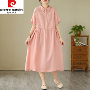 皮爾卡丹（pierre cardin）純色簡(jiǎn)約棉麻襯衫裙女夏季收腰抽繩氣質(zhì)顯瘦中長(cháng)款亞麻短袖連衣裙 粉色 2XL【145-160斤】