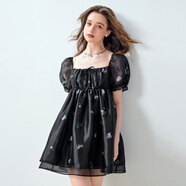 樂(lè )町高腰泡泡袖公主裙甜美夢(mèng)幻黑色碎花撐感蓬蓬裙 黑白印花（現貨） XS