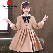 皮爾卡丹（pierre cardin）女童連衣裙春秋款洋氣小香風(fēng)新款兒童春款大童學(xué)院風(fēng)女孩秋裝裙子 卡其色 170cm