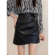 離梢黑色小皮裙女秋冬新款韓版高腰褶皺半身裙防走光包臀a字短裙 黑色 M
