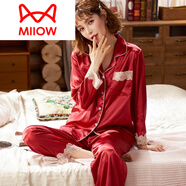 貓人（MiiOW）睡衣女士春季春夏季真絲綢長袖家居服絲綢薄款春秋款大碼套裝舒適 H-279紐扣蕾絲酒紅色 M 女