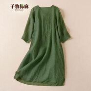 子牧棉麻夏裝 女文藝復(fù)古連衣裙甜美刺繡圓領(lǐng)七分袖寬松舒適裙衫2962 綠色 M(建議110斤以內(nèi))