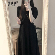 艾珠兒（Aizhuer）黑色連衣裙泡泡袖氣質(zhì)赫本風(fēng)法式收腰顯瘦女夏小個子小黑裙子長裙 黑色連衣裙 45/55kg/M