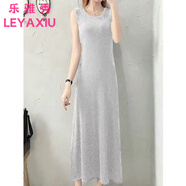 樂(lè )雅秀夏季新款打底連衣裙女內搭無(wú)袖拖地長(cháng)裙黑色背心吊帶修身a字長(cháng)裙 淺灰色 XL （建議129-144斤）