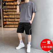 花花公子（PLAYBOY）短袖T恤男套裝夏季寬松半袖休閑薄款短袖短褲兩件套 深灰 M 