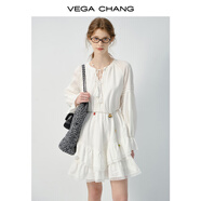 VEGA CHANG白色連衣裙女2025春秋新款法式V領(lǐng)長袖高級感蕾絲裙子 云朵白（長袖） L